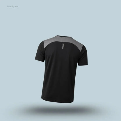 gymshark Sport T-Shirt in black with short sleeves and front logo, men's slim-fit performance training tee on blue background back view.