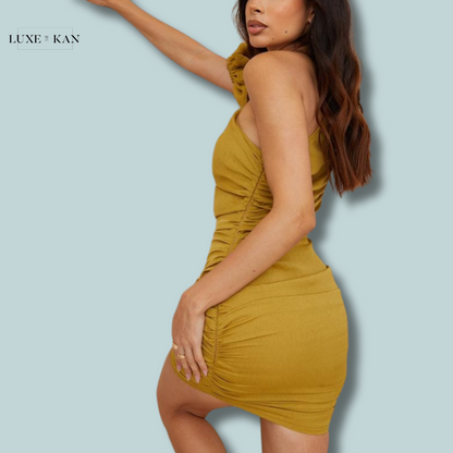 PRETTYLITTLETHING Olive Chiffon One Shoulder Puff Sleeve Bodycon Dress