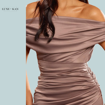 PRETTYLITTLETHING Premium Deep Mocha Constructed Satin Bardot Mini Dress