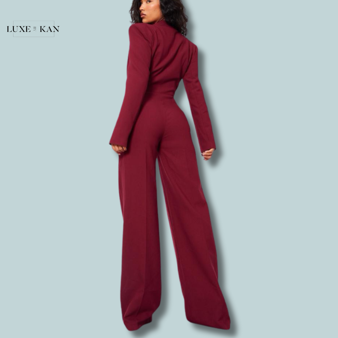 PRETTYLITTLETHING Cherry Red Tailored Satin Lapel Straight Leg Jumpsuit