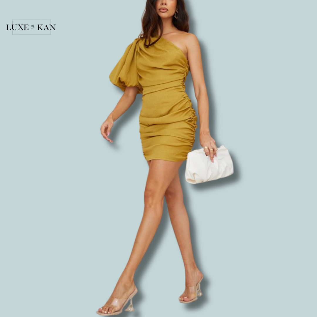 PRETTYLITTLETHING Olive Chiffon One Shoulder Puff Sleeve Bodycon Dress