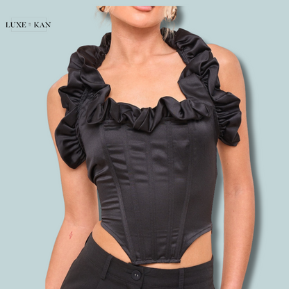 PRETTYLITTLETHING Black Satin Ruched Detail Halterneck Top