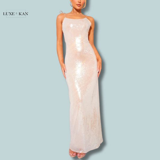 PRETTYLITTLETHING Nude Sequin Super Low Maxi Dress