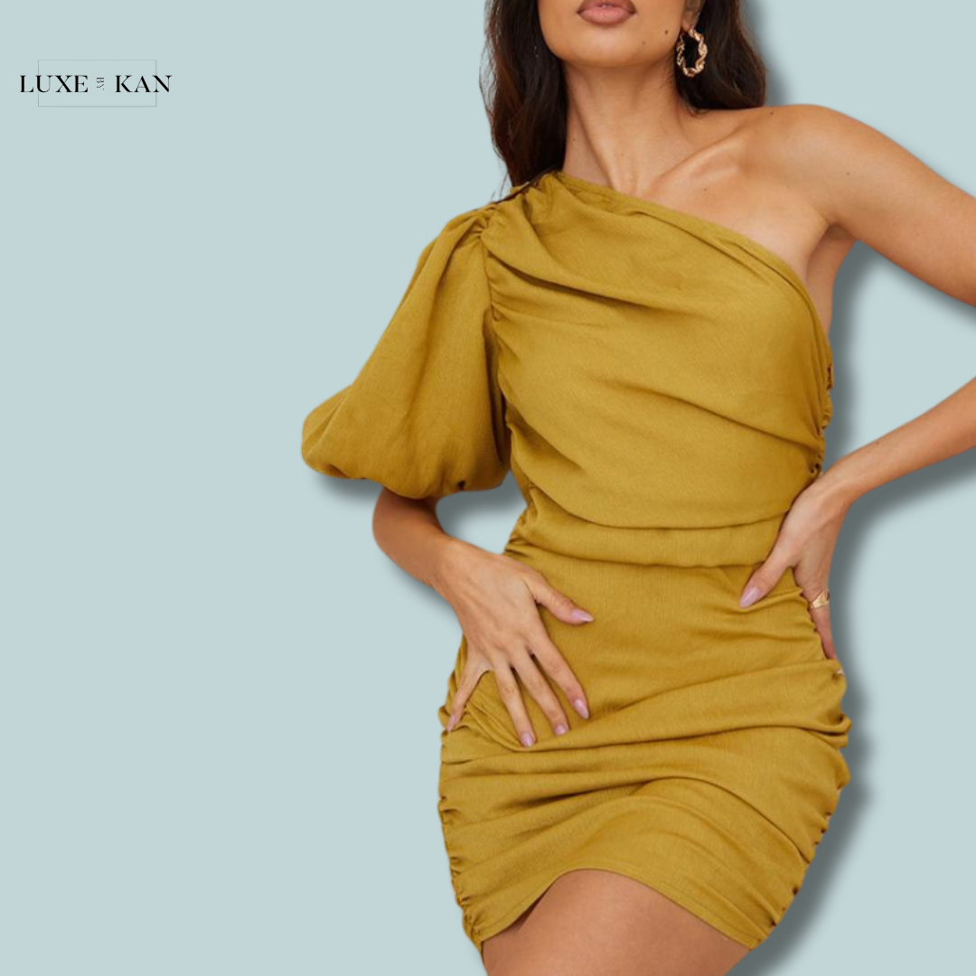PRETTYLITTLETHING Olive Chiffon One Shoulder Puff Sleeve Bodycon Dress
