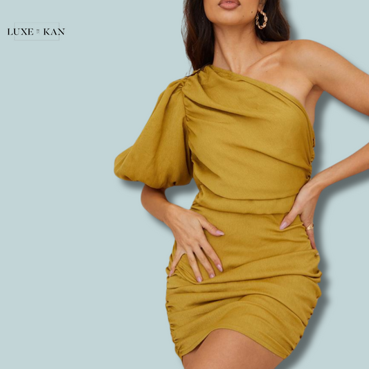 PRETTYLITTLETHING Olive Chiffon One Shoulder Puff Sleeve Bodycon Dress