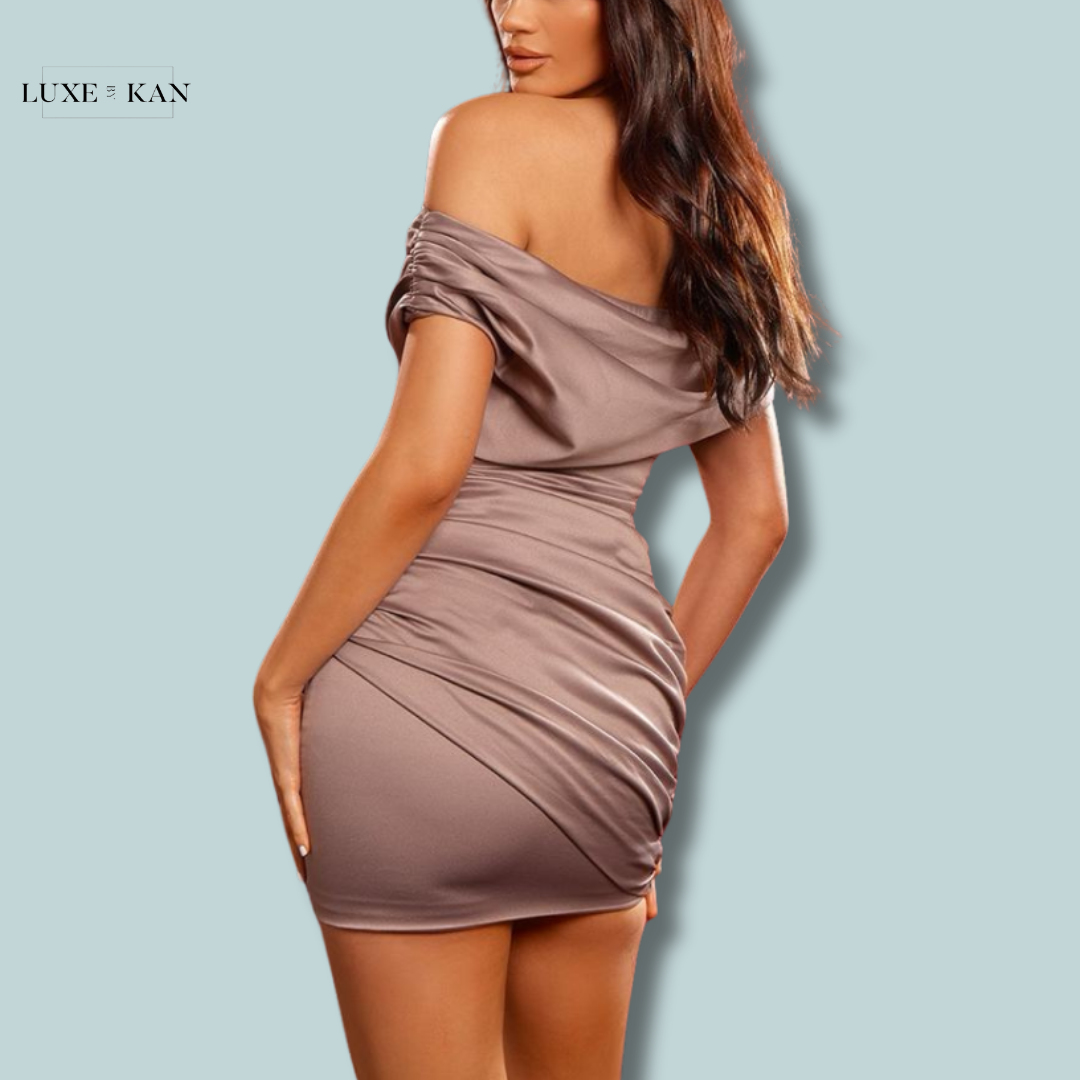 PRETTYLITTLETHING Premium Deep Mocha Constructed Satin Bardot Mini Dress