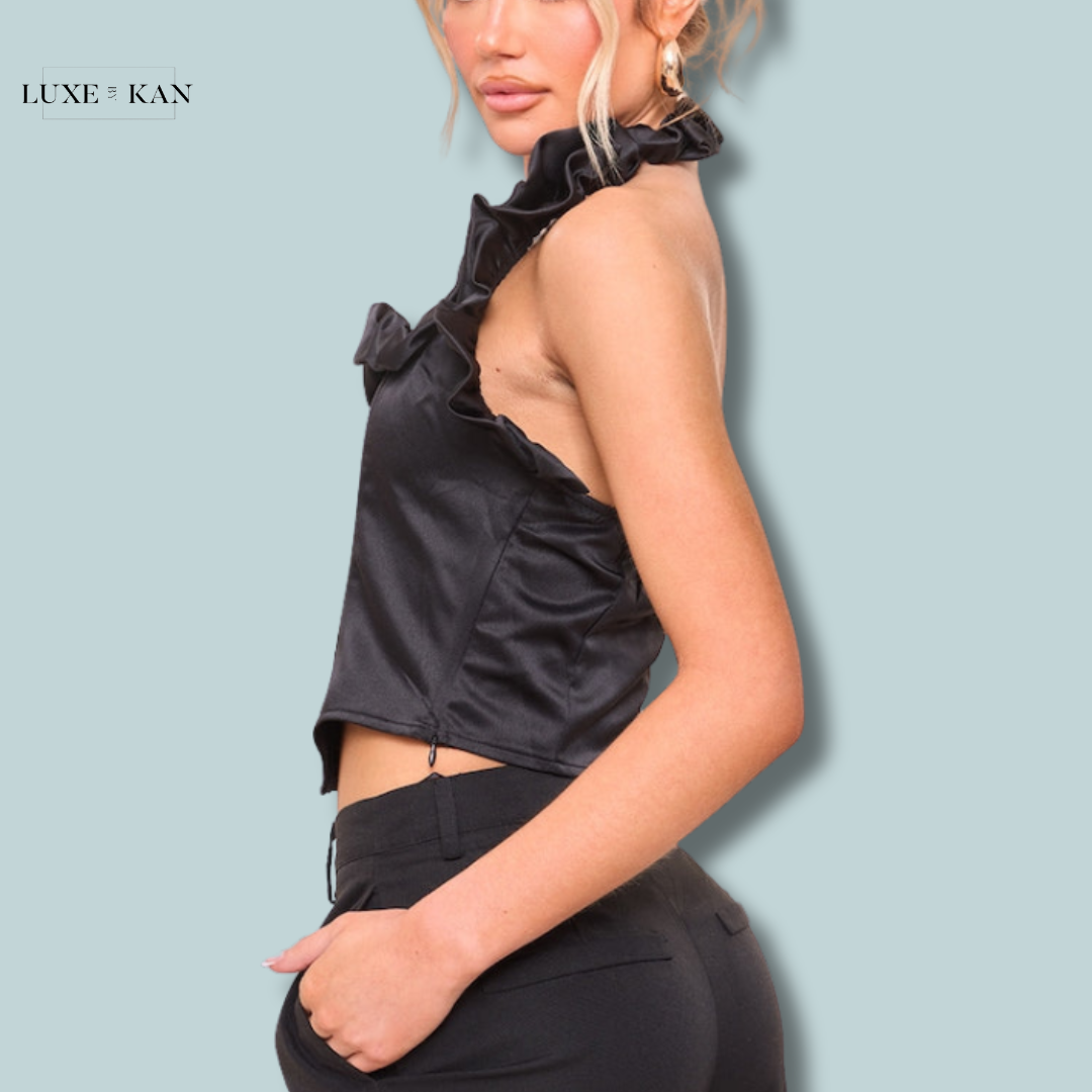 PRETTYLITTLETHING Black Satin Ruched Detail Halterneck Top