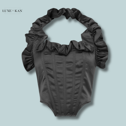 PRETTYLITTLETHING Black Satin Ruched Detail Halterneck Top