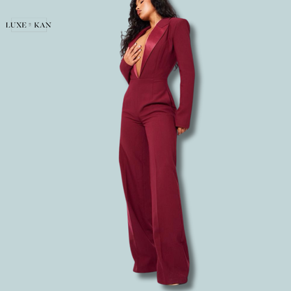 PRETTYLITTLETHING Cherry Red Tailored Satin Lapel Straight Leg Jumpsuit