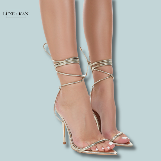 PUBLIC DESIRE LOOK BACK GOLD METALLIC PU POINTED TOE LACE UP STILETTO HEELS