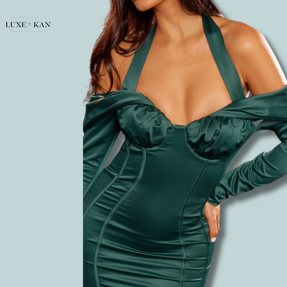 PRETTYLITTLETHING Premium Emerald Green Constructed Satin Draped Bardot Bodycon Dress