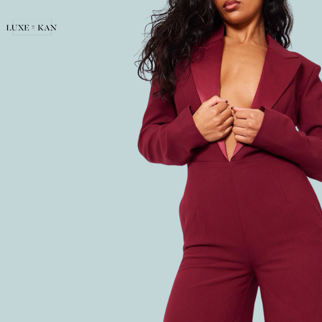 PRETTYLITTLETHING Cherry Red Tailored Satin Lapel Straight Leg Jumpsuit