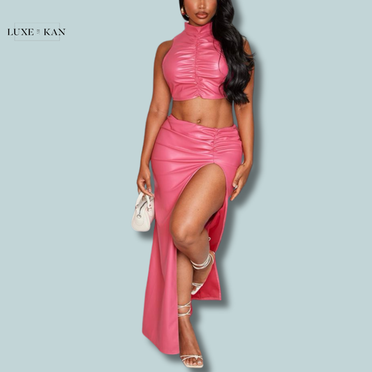 PRETTYLITTLETHING Shape Hot Pink Faux Leather Ruched High Neck Crop Top