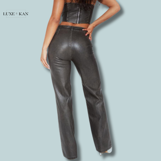 PRETTYLITTLETHING Premium Dark Brown Washed Faux Leather Dip Waist Flared Trousers