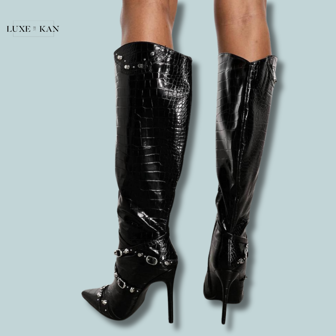 Public Desire Worthy buckle detail heeled boots in black croc