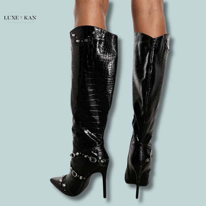Public Desire Worthy buckle detail heeled boots in black croc