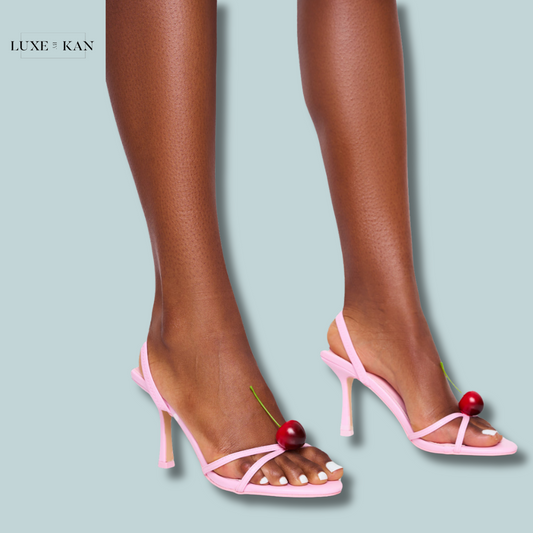 PUBLIC DESIRE CHERISH PINK SQUARE TOE CHERRY DETAIL SLING BACK HEELS