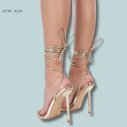 PUBLIC DESIRE LOOK BACK GOLD METALLIC PU POINTED TOE LACE UP STILETTO HEELS