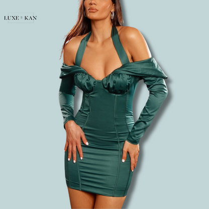 PRETTYLITTLETHING Premium Emerald Green Constructed Satin Draped Bardot Bodycon Dress