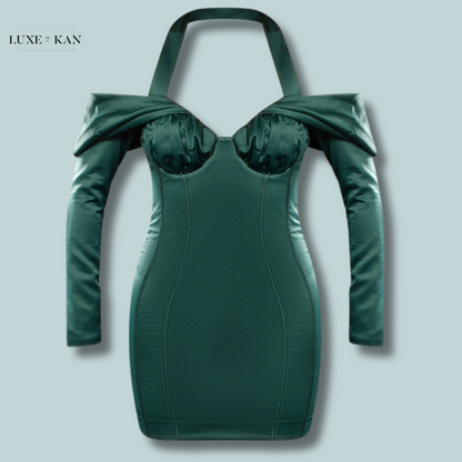PRETTYLITTLETHING Premium Emerald Green Constructed Satin Draped Bardot Bodycon Dress