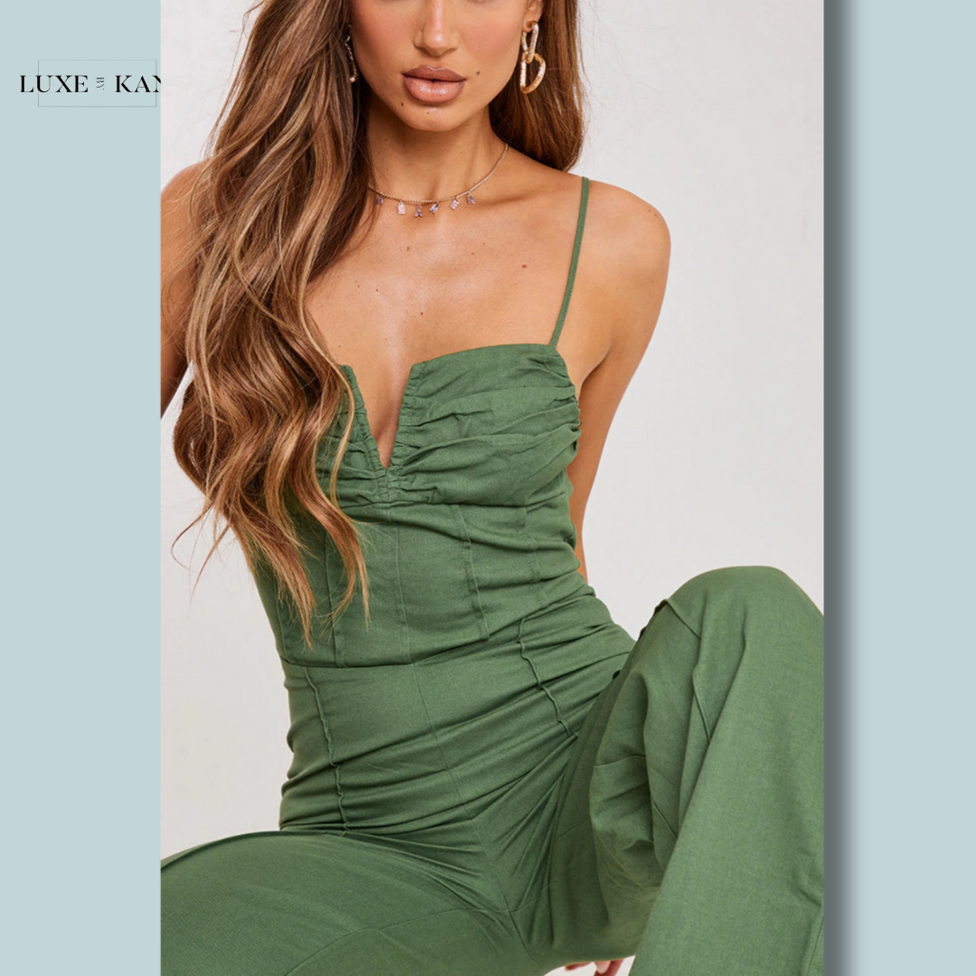 PRETTYLITTLETHING Khaki Woven V Bar Corset Detail Wide Leg Jumpsuit