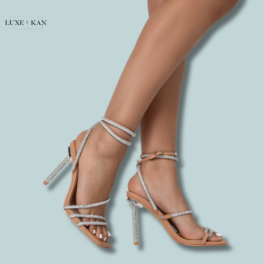 PUBLIC DESIRE CLUELESS NUDE STRAPPY SQUARE TOE DIAMANTE HEELS