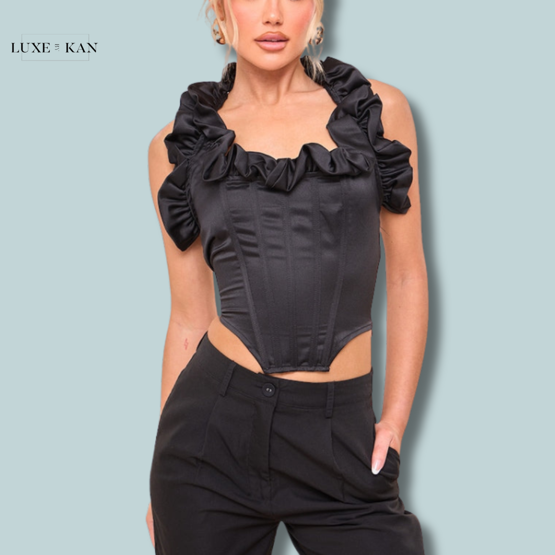 PRETTYLITTLETHING Black Satin Ruched Detail Halterneck Top