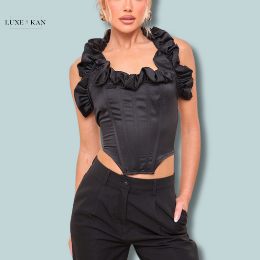 PRETTYLITTLETHING Black Satin Ruched Detail Halterneck Top