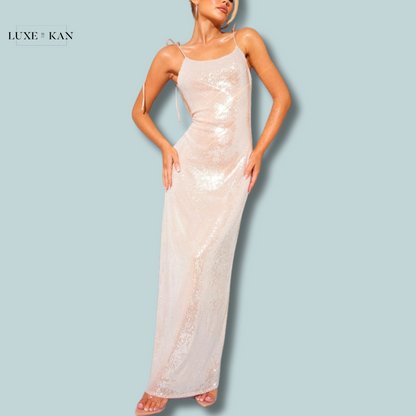 PRETTYLITTLETHING Nude Sequin Super Low Maxi Dress