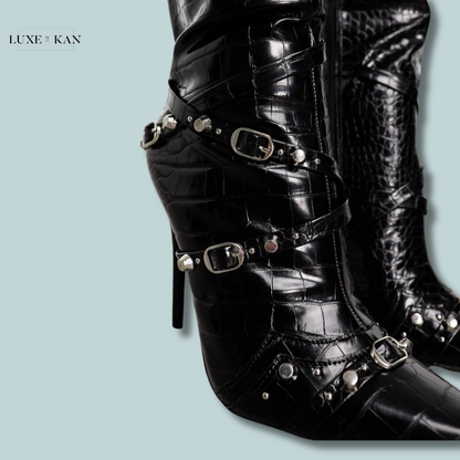 Public Desire Worthy buckle detail heeled boots in black croc