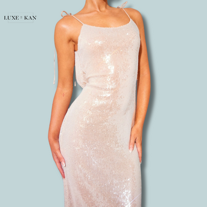 PRETTYLITTLETHING Nude Sequin Super Low Maxi Dress