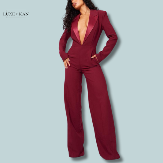 PRETTYLITTLETHING Cherry Red Tailored Satin Lapel Straight Leg Jumpsuit
