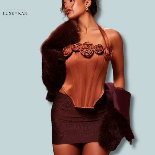 PRETTYLITTLETHING Bronze Satin Rose Applique Trim Halterneck Corset