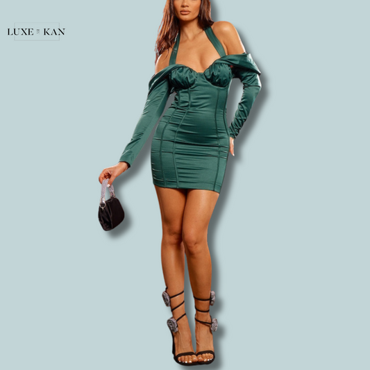 PRETTYLITTLETHING Premium Emerald Green Constructed Satin Draped Bardot Bodycon Dress