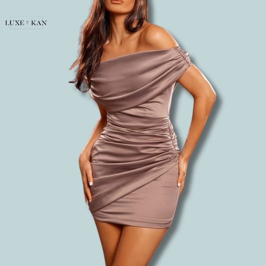 PRETTYLITTLETHING Premium Deep Mocha Constructed Satin Bardot Mini Dress