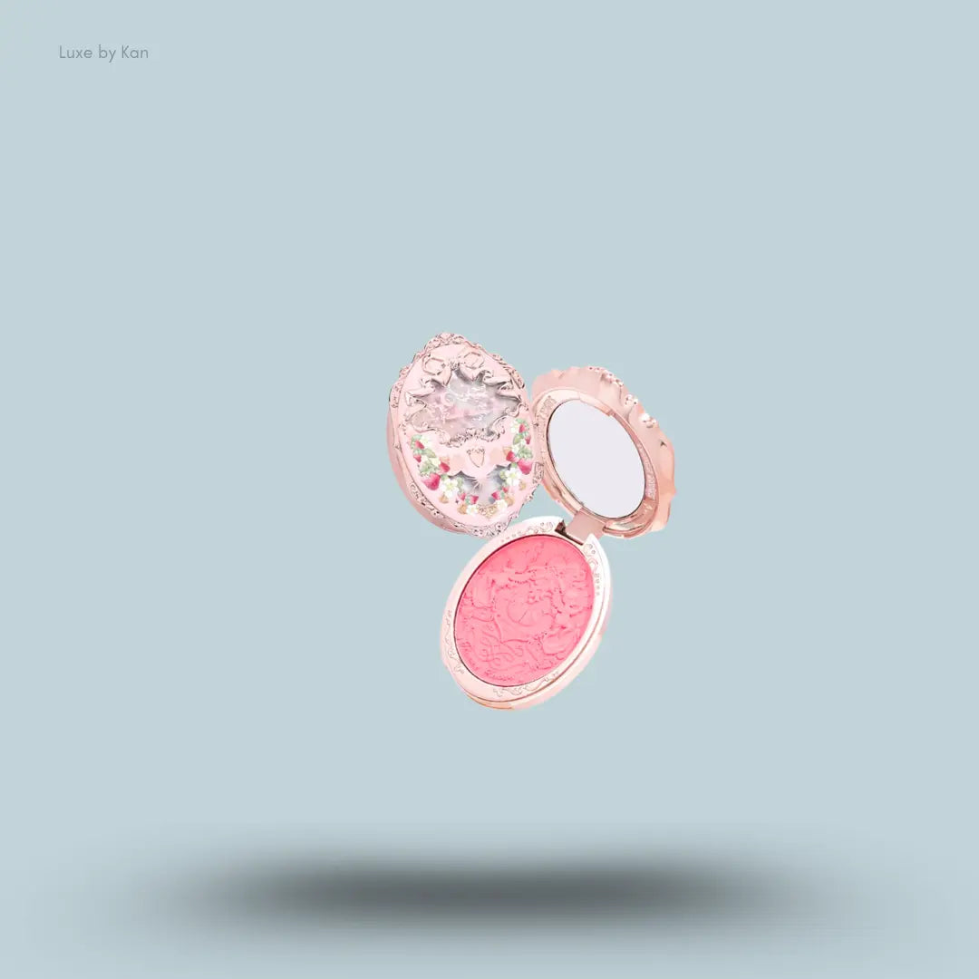 Flower Knows Strawberry Rococo Embossed Blush in G01 Romantic Blossom, blossom-pink powder in violet case