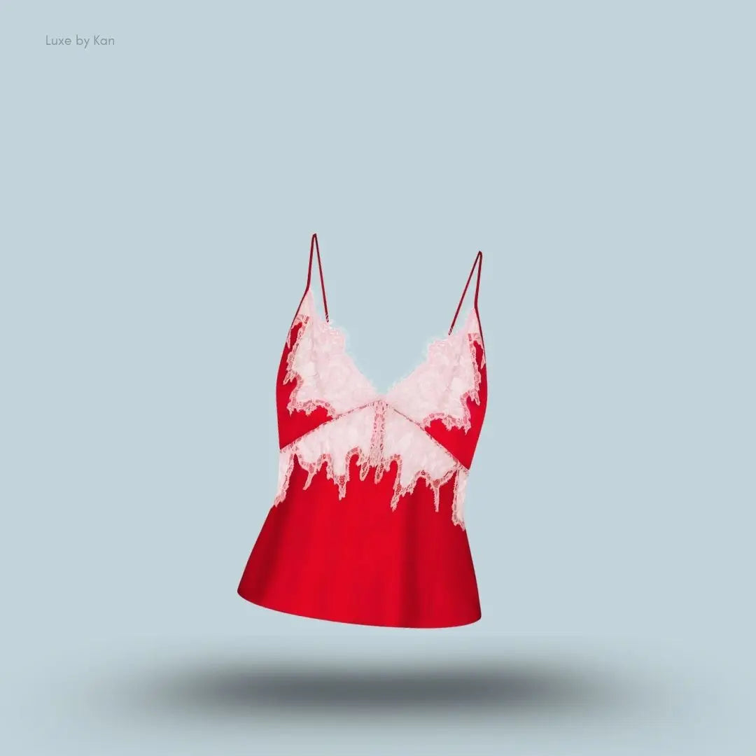 SKIMS Silk Lace Cami in Limited Edition Ruby Contrast, flat lay on light blue background