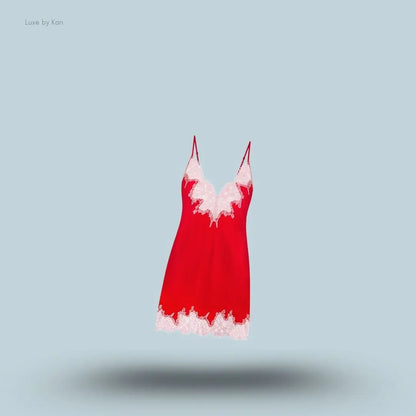 SKIMS Silk Lace Mini Slip Dress in Limited Edition Ruby Contrast, flat lay on light blue background