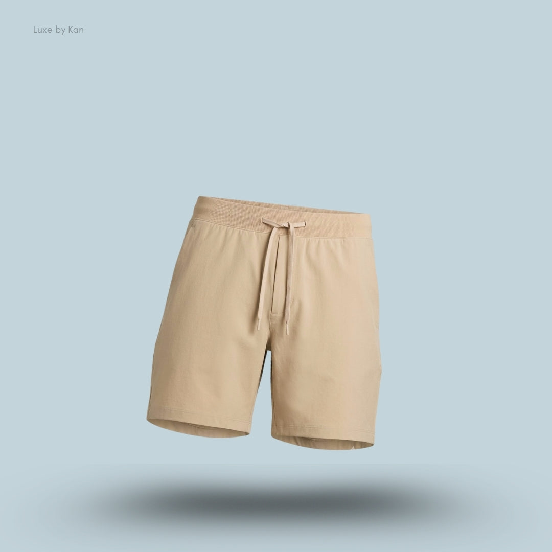 Lululemon Zeroed In Linerless Short 7 inch in Rumble Crumble, flat lay on light blue background