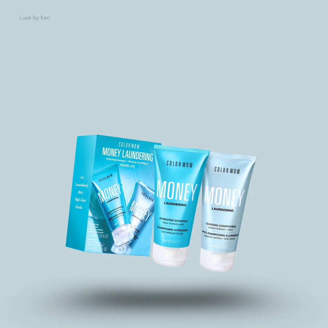 Color Wow High Shine Heroes Travel Duo – two haircare products with packaging on blue background