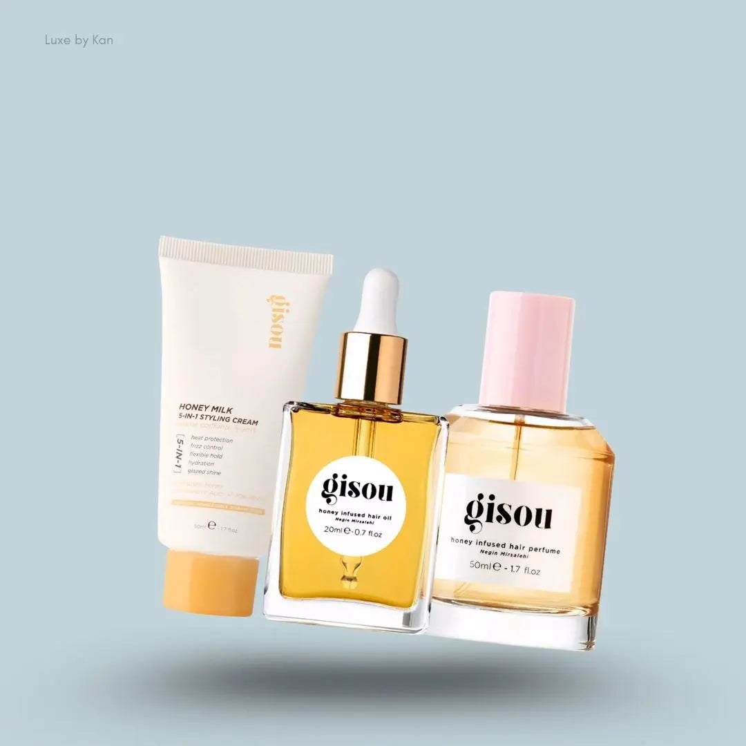 Gisou Style, Shine & Spritz Trio hair set showing all three products, alternate view