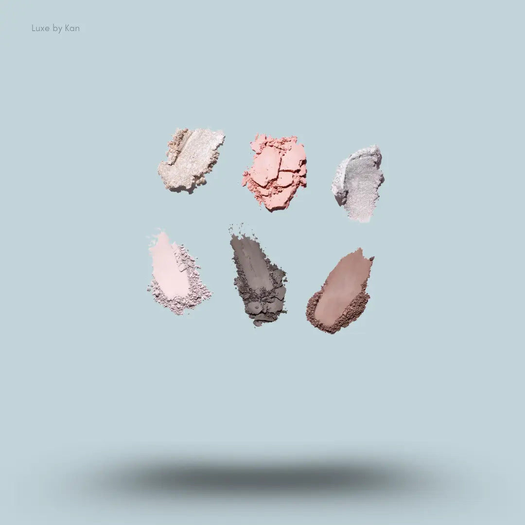 Flower Knows Shell's Jewel Makeup Palette in Moonlight Pearl, swatches of the six nude and shimmer shades