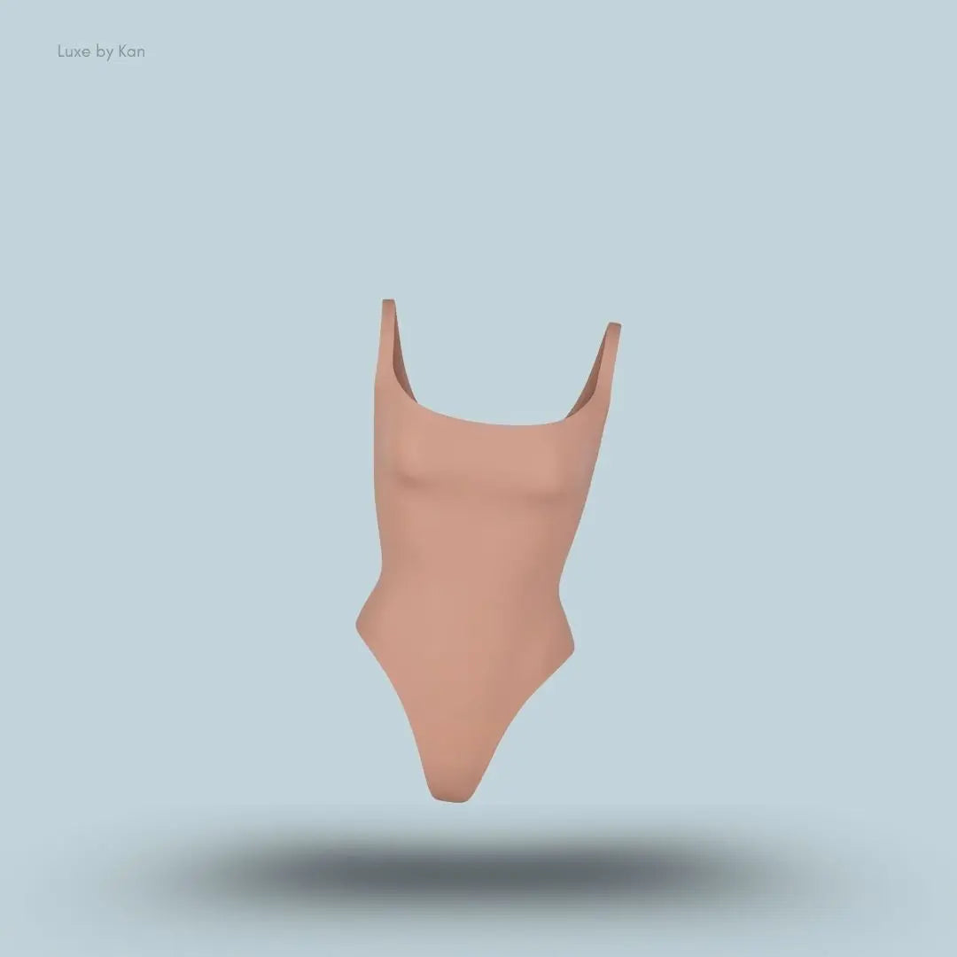 SKIMS Fits Everybody Square Neck Stretch Jersey Body in nude, front view on a light blue background with floating product display.
