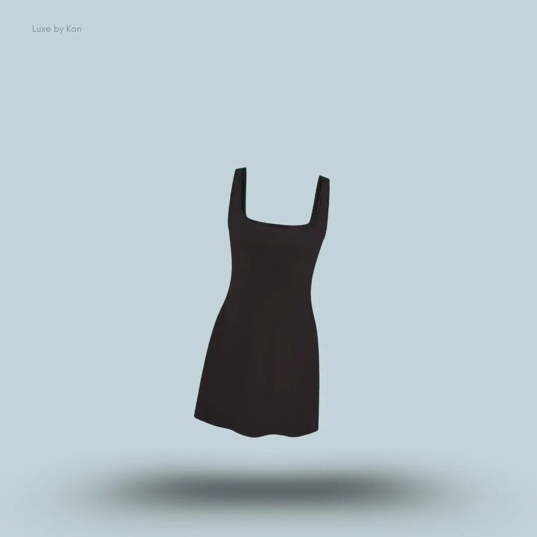SKIMS Cotton Jersey Mini Dress in Soot, flat lay on light blue background