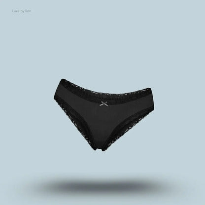 SKIMS Lightweight Cotton Pointelle Lace Brief in Soot Tonal, flat lay on light blue background