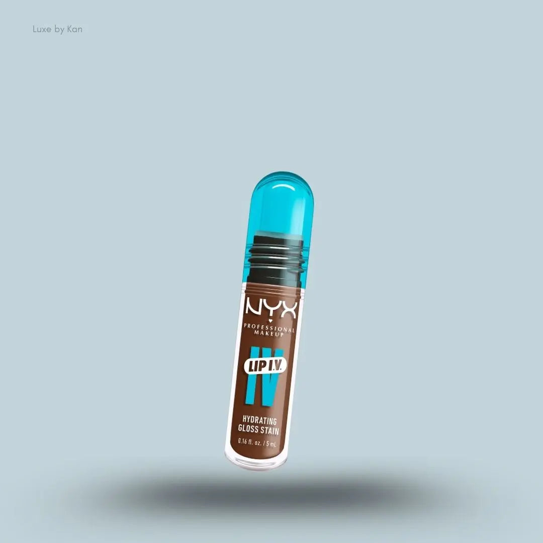NYX Makeup Lip IV Hydrating Gloss Stain bottle on blue background — Luxe by Kan India