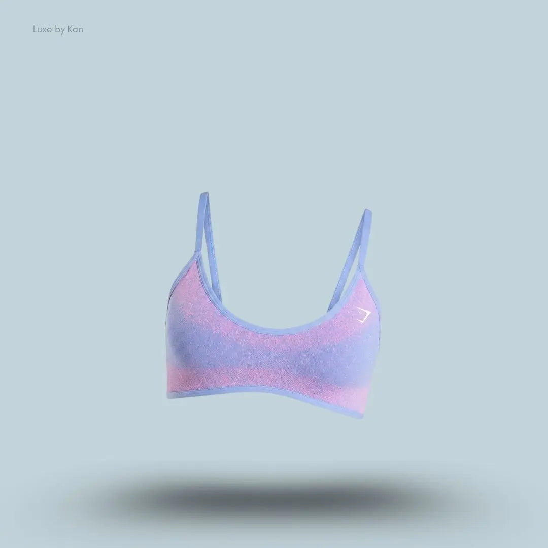 Gymshark Blush Seamless Light Support Sports Bra Steady Purple Focus Pink ombre seamless adjustable straps removable cups open back women's sports bra front view India
