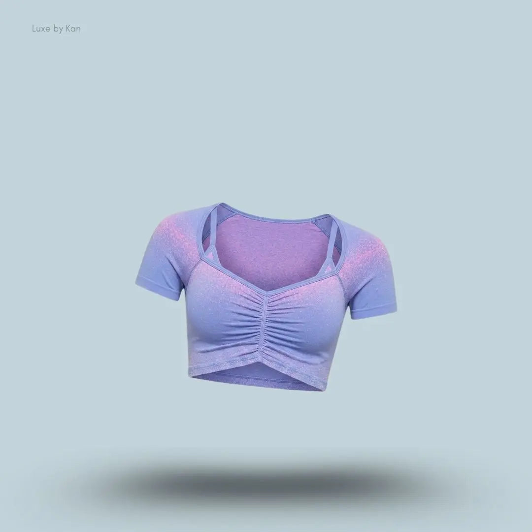 Gymshark Blush Seamless Short Sleeve Top Steady Purple Focus Pink body fit square neck ruched bust seamless ombre women's activewear top front view India