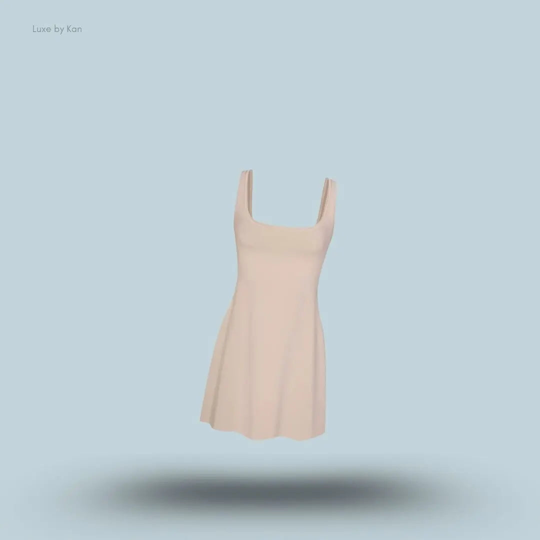 SKIMS Cotton Jersey Mini Dress in Stone, flat lay on light blue background