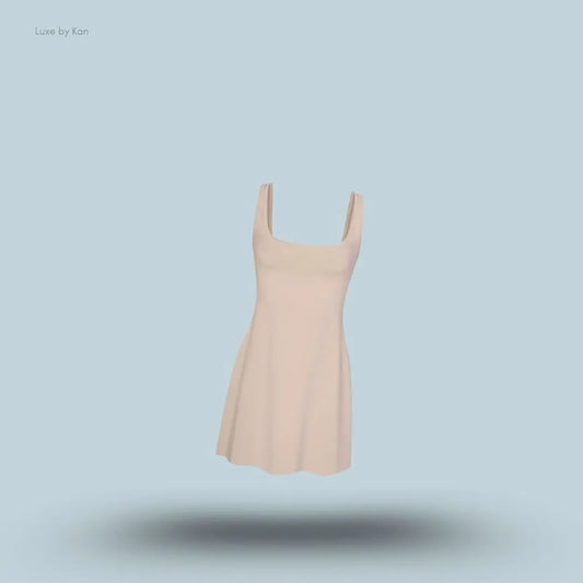 SKIMS Cotton Jersey Mini Dress in Stone, flat lay on light blue background